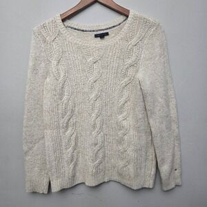 Tommy Hilfiger Cable Knit Sweater Womens Small Cream Marl Classic Preppy Coastal